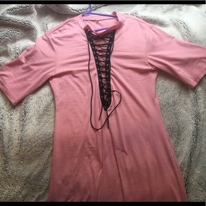 Lace up pink tee shirt dress